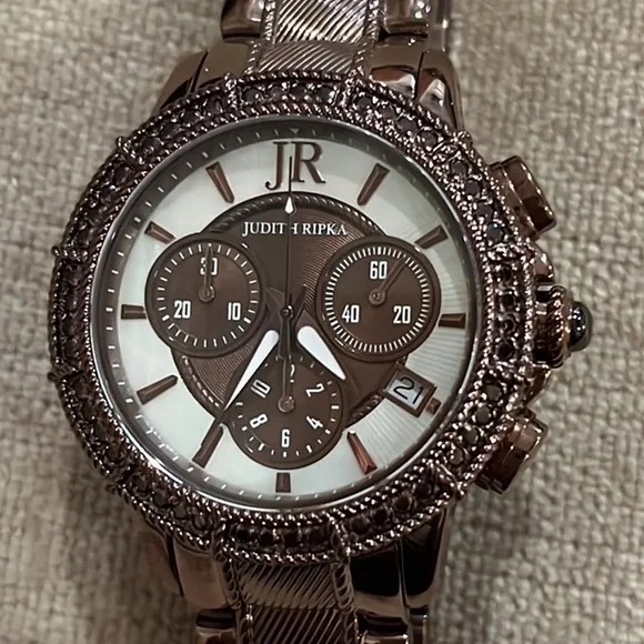 NWOT Judith Ripka Stainless Steel Chocolate Brown Chronograph Watch New Battery - Picture 2 of 10
